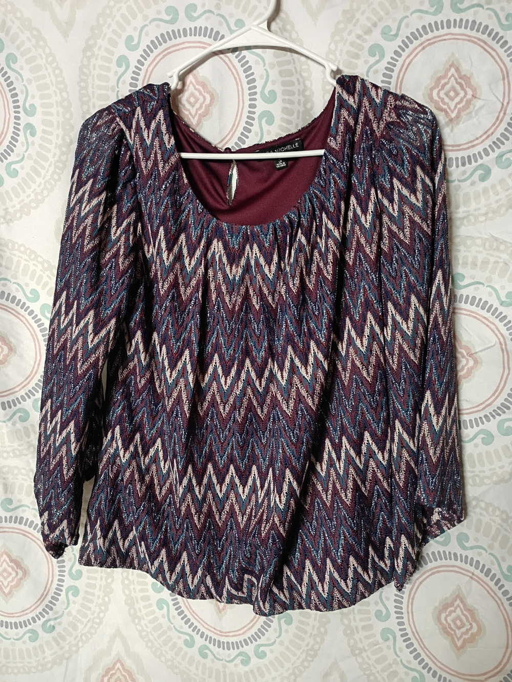 Sara Michelle Burgundy Chevron Metallic-Thread Scoop Neck Blouse